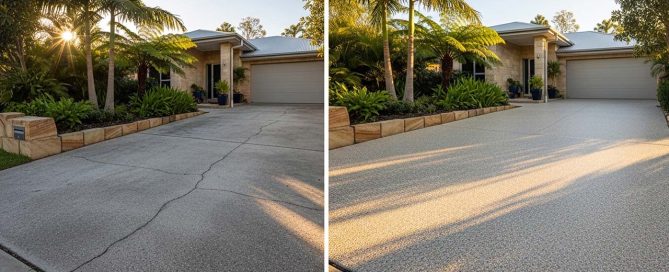 Before and after image showing concrete resurfaced into a resin pebble driveway in Brisbane by Plant Earth Landscape Design