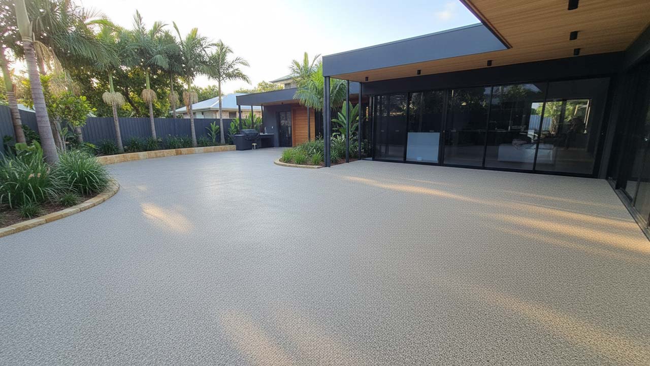 Modern Brisbane home with resin pebble driveway and natural stone surface designed by Plant Earth Landscape Design