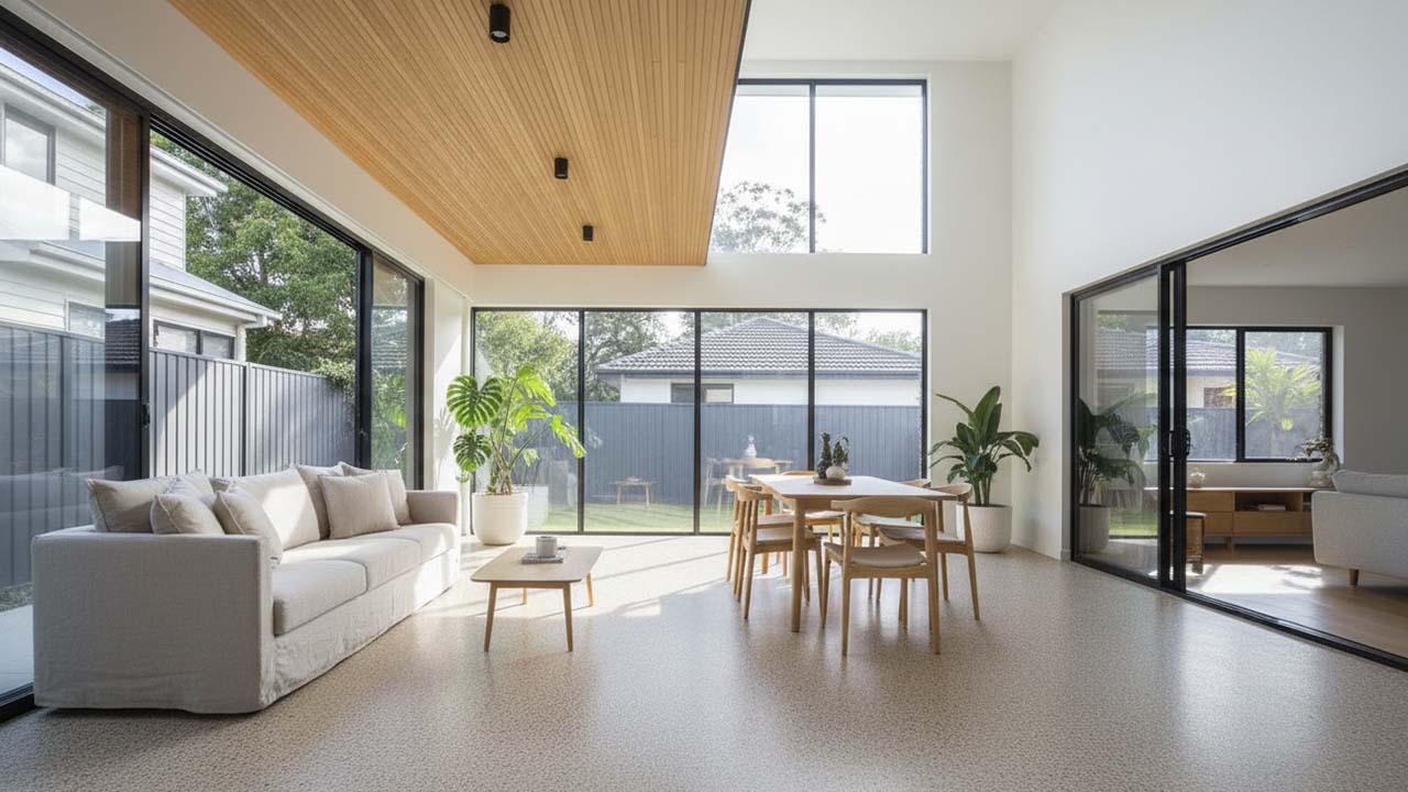 Indoor Resin Pebble Flooring Brisbane Modern Brisbane interior with seamless indoor resin pebble flooring in natural stone tones, designed and installed by Plant Earth Brisbane