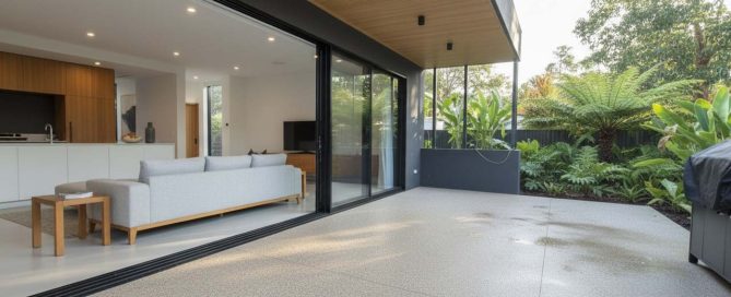 Modern Brisbane home with seamless resin pebble permeable flooring extending from living area to patio, designed and installed by Plant Earth Brisbane