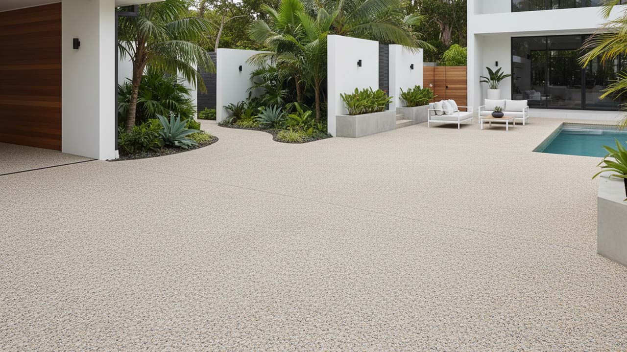 Resin pebble surfaces in a modern Brisbane home showing driveway, garden path, pool surround, and outdoor courtyard finished with small river pebbles set in clear resin.