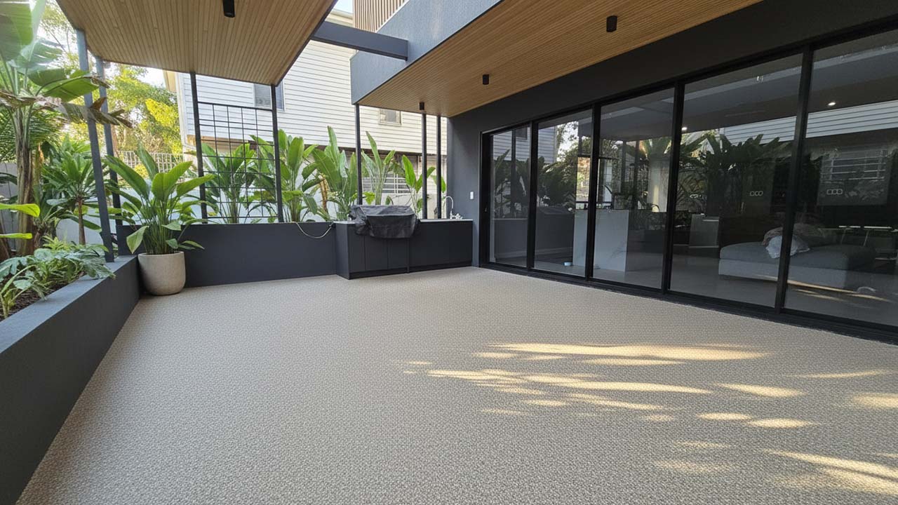 Resin Pebble Flooring Brisbane | Custom-Designed Resin Floors by Plant Earth Modern Brisbane home with seamless resin pebble flooring in natural stone tones, designed and installed by Plant Earth Brisbane